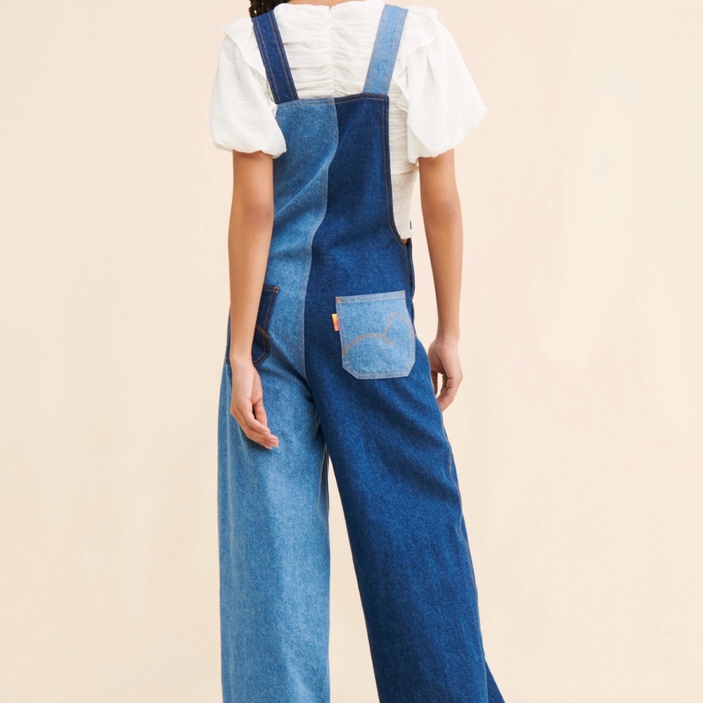 FARM Rio Two-Tone Blue Patchwork Wide-Leg Overalls - Picture 3 of 4